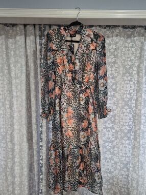 Fate HAYLEY Floral & Animal-Print Midi Dress in Peach, Green & Cream